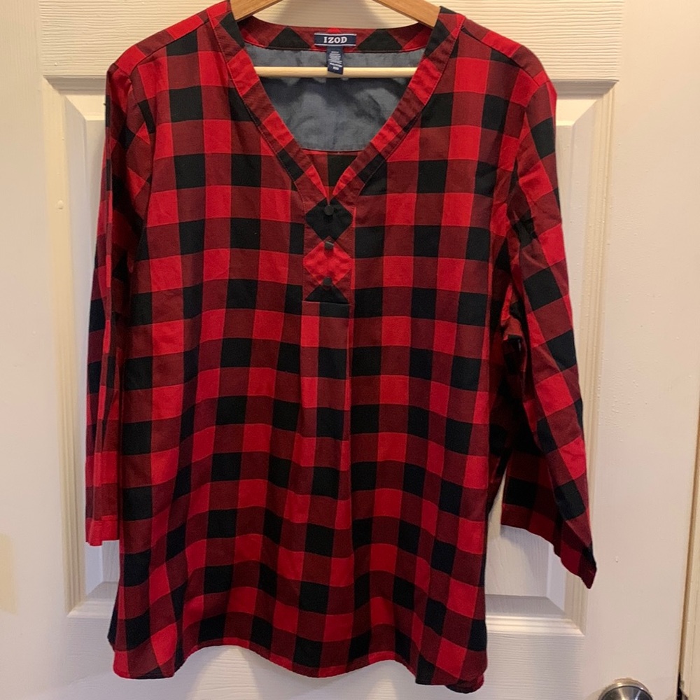 Izod XXL Red and Black Plaid 3/4 Sleeve Blouse